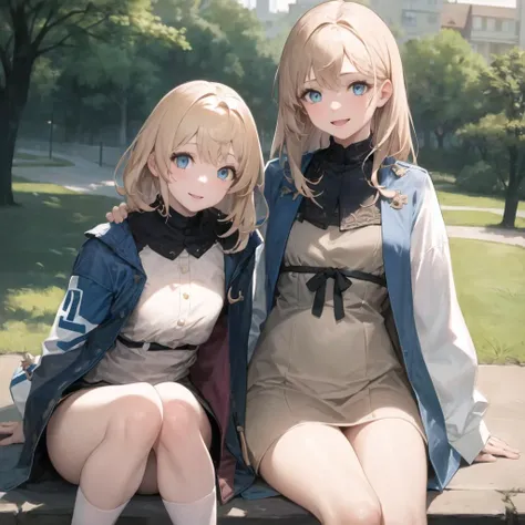 masterpiece, best quality, 1girl, beautiful, fine, delicate, extremely intricate, detailed, blonde hair, jacket, blue eyes, ((masterpiece)), extremely detailed, best quality, high resolution, ((at a park)), Bridget, smile, <lora:Bridget:1>
