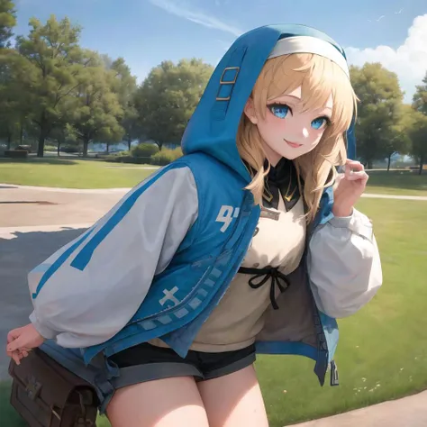 masterpiece, best quality, 1girl, beautiful, fine, delicate, extremely intricate, detailed, blonde hair, jacket, blue eyes, ((masterpiece)), extremely detailed, best quality, high resolution, ((at a park)), Bridget, smile, <lora:Bridget:1>