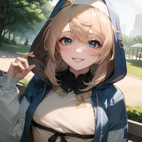 masterpiece, best quality, 1girl, beautiful, fine, delicate, extremely intricate, detailed, blonde hair, jacket, blue eyes, ((masterpiece)), extremely detailed, best quality, high resolution, ((at a park)), Bridget, smile, <lora:Bridget:1>