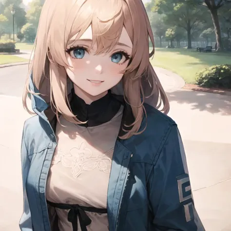 masterpiece, best quality, 1girl, beautiful, fine, delicate, extremely intricate, detailed, blonde hair, jacket, blue eyes, ((masterpiece)), extremely detailed, best quality, high resolution, ((at a park)), Bridget, smile, <lora:Bridget:1>