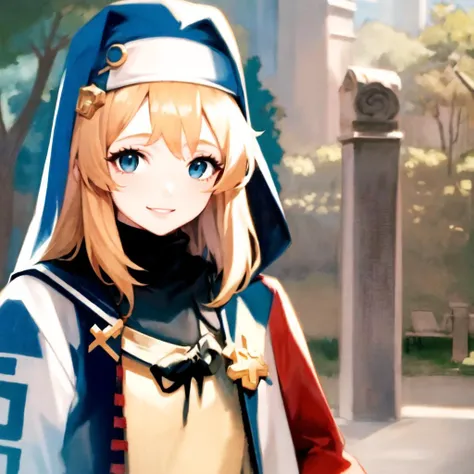 masterpiece, best quality, 1girl, beautiful, fine, delicate, extremely intricate, detailed, blonde hair, jacket, blue eyes, ((masterpiece)), extremely detailed, best quality, high resolution, ((at a park)), Bridget, smile, <lora:Bridget:1>