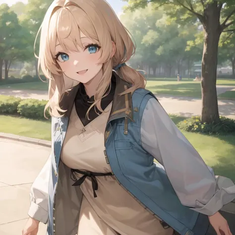 masterpiece, best quality, 1girl, beautiful, fine, delicate, extremely intricate, detailed, blonde hair, jacket, blue eyes, ((masterpiece)), extremely detailed, best quality, high resolution, ((at a park)), Bridget, smile, <lora:Bridget:1>