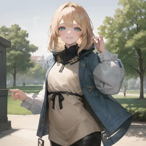 masterpiece, best quality, 1girl, beautiful, fine, delicate, extremely intricate, detailed, blonde hair, jacket, blue eyes, ((masterpiece)), extremely detailed, best quality, high resolution, ((at a park)), Bridget, smile, <lora:Bridget:1>