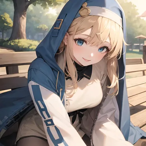 masterpiece, best quality, 1girl, beautiful, fine, delicate, extremely intricate, detailed, blonde hair, jacket, blue eyes, ((masterpiece)), extremely detailed, best quality, high resolution, ((at a park)), Bridget, smile, <lora:Bridget:1>