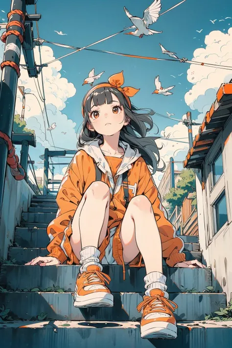 1girl,orange shoes,solo,sitting,sky,clouds,outdoors,black hair,bird,upward view,blue sky,white socks,daytime,orange jacket,building,long sleeves,leaves,long hair,stairs,red headband,pump Rope,headband,bangs,cloudy sky,from_below,wide_shot,