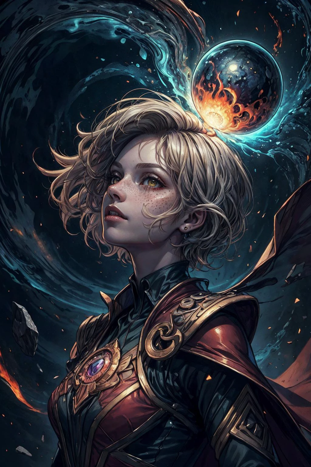 (best quality, masterpiece:1.2), photorealistic, thick outlines, strong shadows, <lora:add_detail:0.75>,
1 girl, adult woman, freckles, jade eyes, platinum blonde short hair,
(style-swirlmagic:1.0), portrait, looking up, solo, (full body:0.6), detailed background, (<lora:ArtDecoAI:0.3>, ArtDecoAI, 1920s art deco theme:1.1) sinster, focusing, pursed lips, mage, casting spell, hovering in air, dark clouds, (dark red fire), floating rocks, arms raised, green cape, hair flowing in the wind, magic living flame <lora:Fire_VFX:0.3>, arcane spell, mana, grim dark realistic lighting, battlefield in background,
<lora:fractalized:0.2>, fractalized,