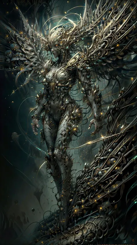(masterpiece, best quality:1.3),extremely high detailed, photorealistic, intricate, 8k, HDR, wallpaper, cinematic lighting ,(universe), glowing, armor, glowing eyes, mecha, large wings, <lora:AngelicMecha:1>, <lora:fractalized:1>
