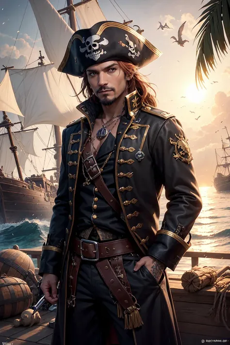 (1man, old male:1.2), hazel eyes, ginger hair, mid-fade,
<lora:piratepunkai_v10:0.3>, piratepunkai, (dark:0.8) skin, character focus, portrait, looking down, solo, (full body:0.6), detailed background, sinister smile, pirate, rich pirate captain outfit, tattoos, fantasy theme, high seas, wooden deck of a ship, sails, cannonfire, flames, explosions, flintlock pistol, maelstrom, raining, tropical beach, pirate hideout, pier, docks, shacks, camp, outpost, sand, calm, sunlight, pirate ship on shore, loot, treasure map, rum, barrels in background,
<lora:fractalized:0.2>, fractalized,