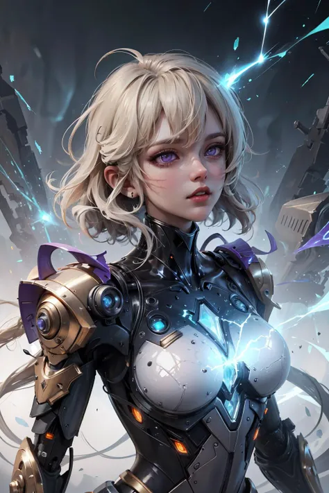 (masterpiece, best quality:1.2),
1 girl, adult (elven:0.7) woman, purple eyes, blonde messy hair,
portrait, solo, upper body, looking up, detailed background, detailed face, (<lora:PunkBundleAI:0.4>, teslapunkai, retro-futuristic theme:1.1), glass-cyborg, (made of glass:1.1), colorful, titan, gemstone armor, arcane, power source, magical symbols, mystic power, floating particles, sparks, reflections, storm in background, cinematic atmosphere,
<lora:fractalized:0.2>, fractal_environment,