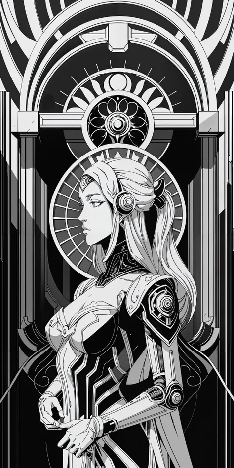 (masterpiece, best quality), artdecoai, android geisha girl, <lora:fractalized:0.2> fractalized, fractal_body, fractal_environment, ((lineart)), ((plain black and white)), intricate detailed linework, shading and cross-hatching, <lora:animeoutlineV4_16:0.3>, medium shot, front view, symetrical composition <lora:ArtDecoAI:0.9>