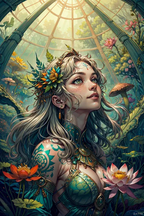 (inked original-art:1.2), (lineart:1.31), (fine-details:1.3), RAW-format, <lora:add_detail:0.5>
1 girl, adult woman, freckles, grey eyes, natural blonde long hair,
character focus, portrait, solo, half shot, looking up, detailed background, detailed face, (<lora:CulturePunkBundle:0.5>, zulupunkai, zulu theme:1.1), smile, botanist, roots, mandrake, greenery, blooming flowers, greenhouse effect, (style-swirlmagic:0.8), green energy, green color scheme, lotus, wild growth, herbs, seeds, mushrooms, ferns, science, greenhouse in background, low light, magical atmosphere,
<lora:fractalized:0.2>, fractal_environment,