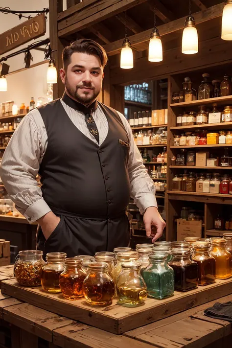 (1man, fat adult ukrainian male:1.2), yellow eyes, dark red hair, shaved head,
looking down, solo, upper body, detailed background, detailed face, (victorian theme:1.1), grin, arms spread, store clerk, (light brown:0.8) leather merchant clothes, pouches, belts, busy (medieval market stall:1.1), (crates:0.8), selling wide variety of magic potions, fluorescent bottles, swirling bottles, colored glass containers,
<lora:fractalized:0.2>, fractal_environment,