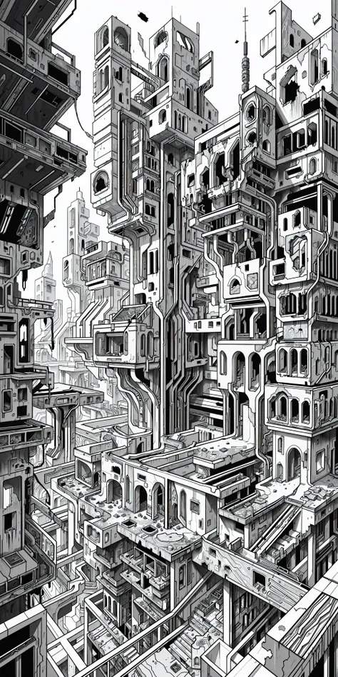 (masterpiece, best quality), derelict futuristic city, blocks of destroyed buildings, nature grows on ruins, Labyrinth, ((plain black and white)), intricate detailed linework and a gritty, realistic aesthetic, shading and cross-hatching, <lora:animeoutlineV4_16:1>, <lora:kLabyrinth:0.8>, <lora:fractalized:0.2> fractal_environment, futuristic city