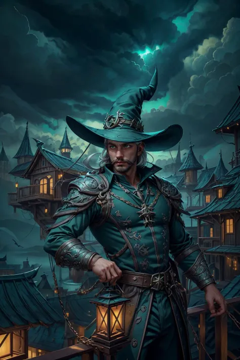 high quality, masterpiece, 8k, sharp focus, <lora:add_detail:0.75> <lora:realistic:0.1>
(1man, muscular adult swedish male:1.2), hazel eyes, white hair, long mustache,
(focus on character:1.1), portrait, solo, (full body:0.6), detailed background, detailed face, (<lora:WitchcraftPunkAI:0.5>, WitchcraftPunkAI theme:1.1), aristocratic pose, awestruck, ruling class, elegant clothing, elegant hat, looking up at floating (cloud city:1.1), utopian cloudtop sky-city, floating platforms, floating buildings, railing, ziplines, propellers, clouds in background, epic atmosphere, glowing light green lights, dark night,
<lora:fractalized:0.2>, fractalized,