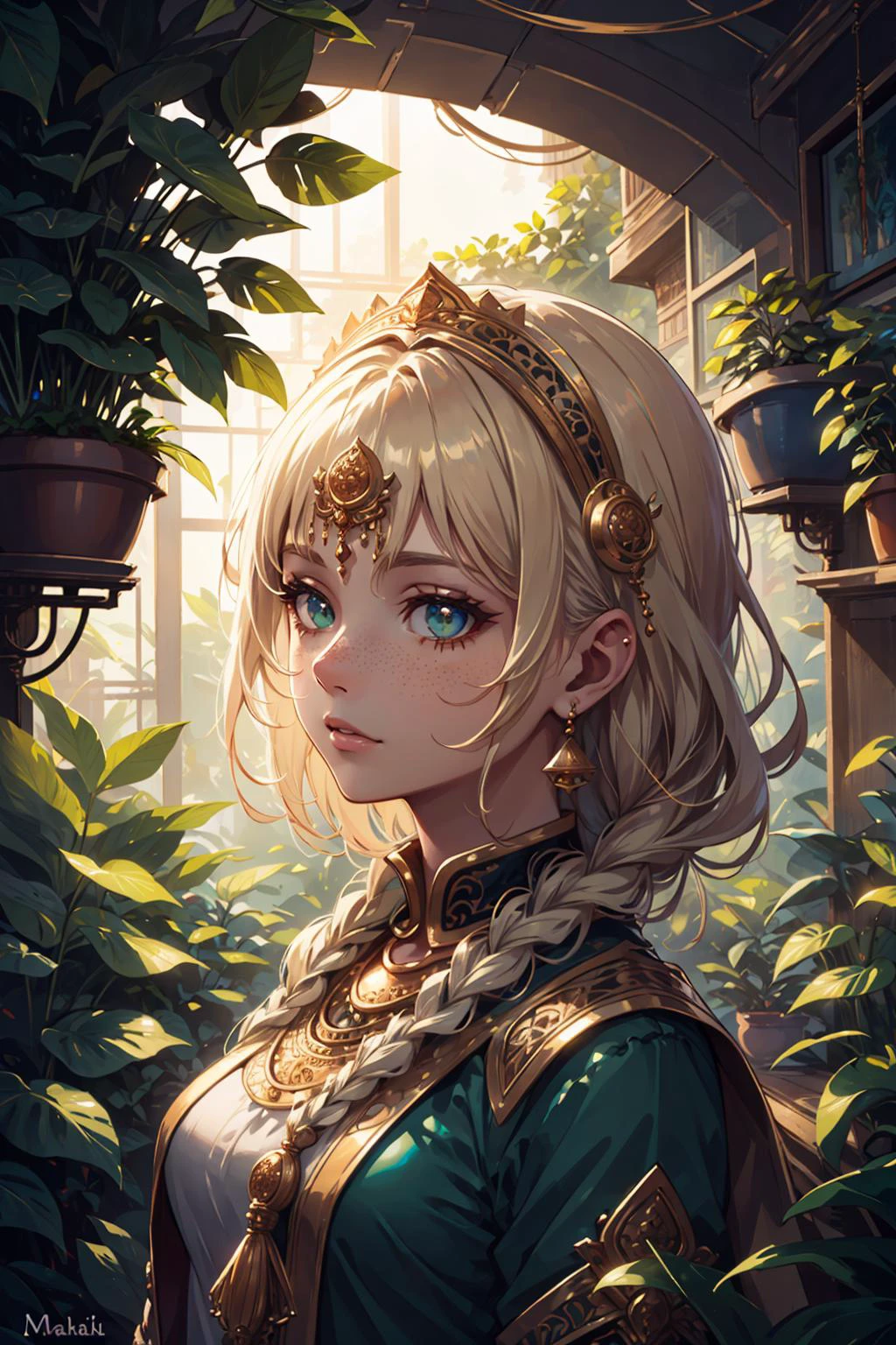 (best quality:1.4), (intricate details:1.2),
1 girl, adult french woman, freckles, jade eyes, medium blonde waterfall braid,
character focus, portrait, solo, half shot, looking down, detailed background, detailed face, (<lora:MahabharataPunkAI:0.6>, MahabharataPunkAI theme:1.1), focusing, botanical scientist, planters, colorful plants, glowing plants, (style-swirlmagic:0.8), green energy, lotus, herbs, mushrooms, greenhouse in background, backlighting, magical atmosphere,
<lora:fractalized:0.2>, fractal_environment,