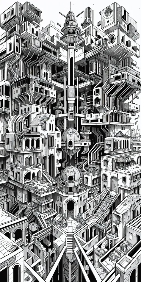 (masterpiece, best quality), derelict futuristic city, blocks of destroyed buildings, nature grows on ruins, Labyrinth, ((monochrome)), ((lineart)), ((plain black and white)), intricate detailed linework and a gritty, realistic aesthetic, shading and cross-hatching, <lora:animeoutlineV4_16:1>, <lora:kLabyrinth:0.8>, <lora:fractalized:0.2> fractal_environment, futuristic city