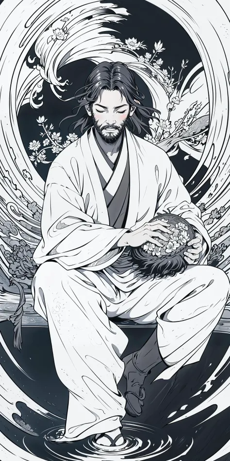(masterpiece, best quality), ((1person)), sks person, keanu reeves, (((beard))), ((long black hair)), <lyco:locon_keanu_v1_from_v1_64_32:1.3>, Keanu Reeves, dressed in a traditional Japanese costume, sits inside a japanese garden on top of a mountain, sunflowers, swirls of water. The vibrant image captures his immersion in the culture, blending Eastern and Western elements effortlessly. With a serene expression and closed eyes, he embodies the harmonious spirit of Japan, ((monochrome)), ((lineart)), ((plain black and white)), intricate detailed linework and a gritty, realistic aesthetic, shading and cross-hatching, <lora:animeoutlineV4_16:1>, <lora:fractalized:0.3> fractal_environment
