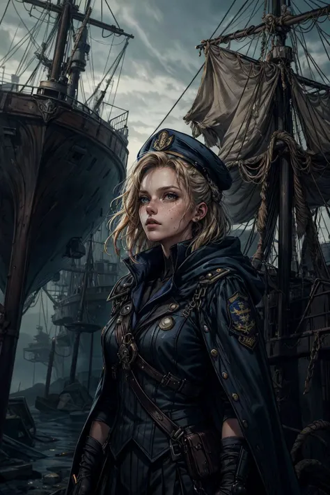 (best quality, masterpiece:1.2), 8k detailed cgi render, thick outlines, strong shadows, <lora:add_detail:0.75>,
1 girl, adult (elven:0.7) woman, freckles, black eyes, blonde half-up half-down hairstyle,
solo, (full body:0.6), looking up, detailed background, detailed face, (<lora:postapocalypseAI:0.4>, postapoAI, post-apocalyptic dark dystopian theme:1.1), ship captain, confident, blue elaborate sailor uniform, formal cloak, admiral's cap, navy insignia, dynamic pose, in port, sails, rigging, rail, ship's bell, island in background, overcast, dramatic lighting, cinematic atmosphere,
<lora:fractalized:0.2>, fractalized,