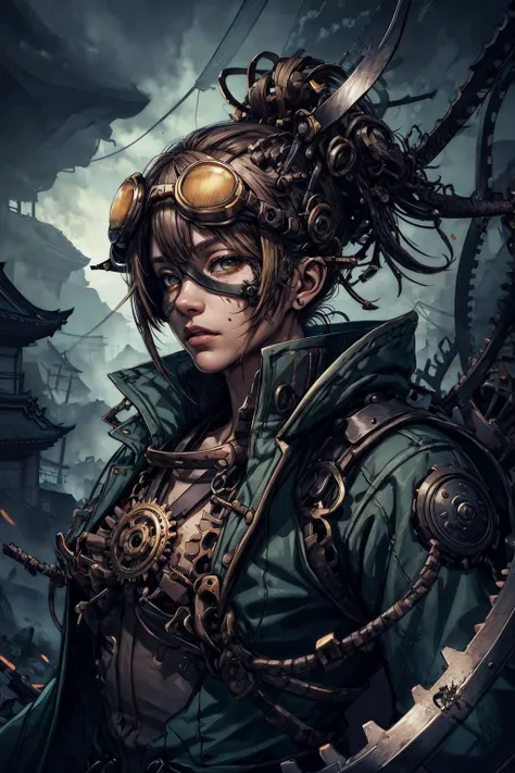 (best quality, masterpiece:1.2), photorealistic, thick outlines, strong shadows, <lora:add_detail:0.75>,
1 girl, adult (elven:0.7) woman, hazel eyes, dark blonde half-up half-down hairstyle,
(style-rustmagic:0.8), (medieval cyborg:0.8), portrait, (bloody wounds:0.7), looking at viewer, solo, upper body, detailed background, (<lora:SamuraiPunkAIv3:0.6>, SamuraiPunkAI theme:1.1) determined expression, bright clouds engineer, floating metal scraps, dark green trenchcoat with gears, techwear, goggles, dark blue canyon in background, gears, steam, soot, screen, levers, automaton, clockwork, electricity, electric sparks
<lora:fractalized:0.2>, fractalized,