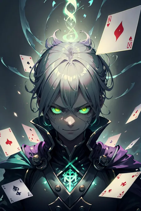 (best quality:1.4), (intricate details:1.2), hyperrealistic, 3d render,
(1man, wrinkled face, old italian male:1.2), frail, hazel eyes, gray hair, layer cut,
portrait, solo, half shot, detailed background, detailed face, (<lora:GlowingRunesAIV3:0.6>, GlowingRunesAI_green theme:1.1), malicious smirk , (glowing eyes:1.1), (card-wizard:1.05), dark purple magician outfit, dynamic pose, (cards floating in the air:1.15), glowing magical symbols, colorful ribbons in background, wind blowing, ethereal atmosphere,
<lora:fractalized:0.2>, fractalized,