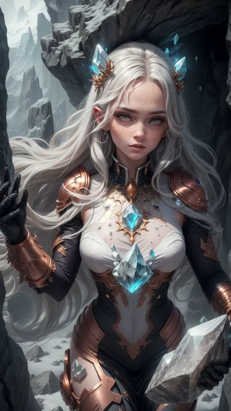 (best quality, masterpiece:1.2), 8k detailed cgi render, thick outlines, strong shadows, <lora:add_detail:0.75>, 1 girl, adult woman, freckles, silver eyes, copper long hair, (style-swirlmagic:1.0), looking down, solo, (full body:0.6), detailed background, close up, detailed face, Sc3pt4, scifi theme:1.1), crystal mage, elemental rock themed clothes, floating in the air, glowing rocks, surrounded by white magical gems, pyrite, stalagmites, crystalline pattern, magical floating particles, crystal glass, crystal dust, icy canyon background, magical epic ethereal atmosphere, reflections, <lora:fractalized:0.2>, fractal_environment,
