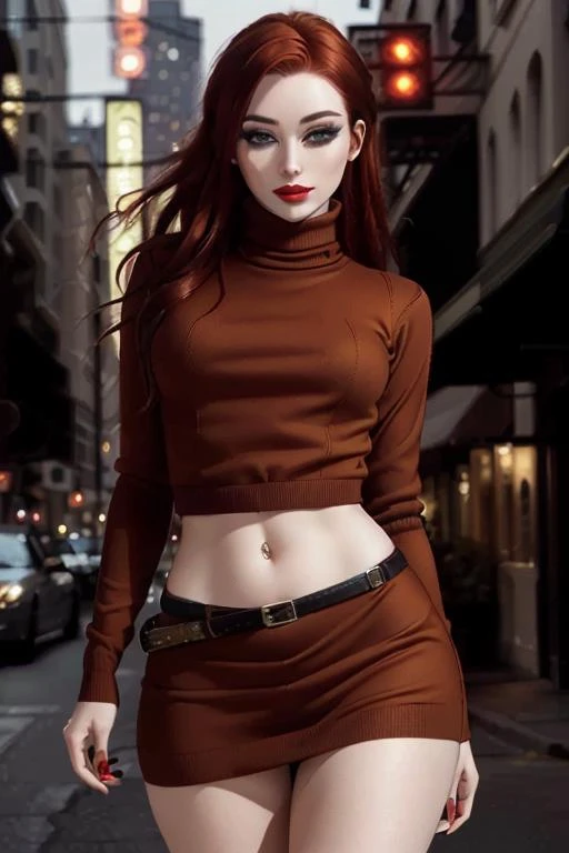 photo of <lora:forestnymph-07:0.6>, forestnymph, a woman with ((beautiful red hair):1.1), ((cowboy shot, waist, hips, thighs):1.2),((beautiful turtleneck sweater dress, fully clothed):1.3),((walking, city street, at night):1.3),((red lipstick, heavy eyeliner, full makeup, heavy eye shadow):1.2),((best quality, masterpiece, extreme details):1.2), ((beautiful eyes, detailed eyes, detailed face, beautiful face):1.2)