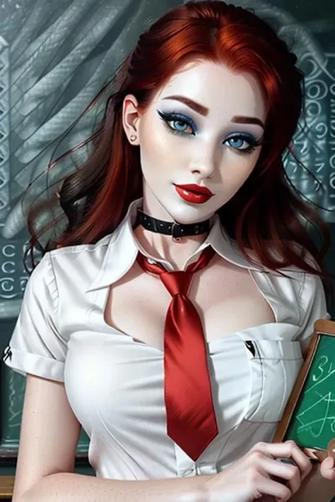 photo of <lora:forestnymph-07:0.6>, forestnymph, a woman with ((beautiful red hair):1.1), ((closeup, portrait):1.1),((white shirt, necktie, collar, fully clothed):1.3),((chalkboard, classroom, desk):1.3),((red lipstick, heavy eyeliner, full makeup, heavy eye shadow):1.2),((best quality, masterpiece, extreme details):1.2), ((beautiful eyes, detailed eyes, detailed face, beautiful face):1.2)