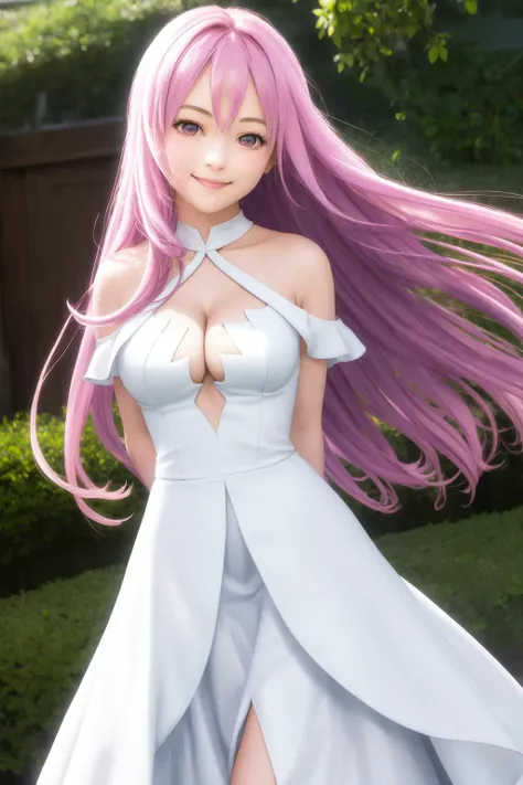masterpiece, best quality, highres, 1girl aishia, white dress sleeveless dress cleavage front slit frilled dress layered dress <lora:aishia:1> standing, arms behind back, leaning forward, smile, (photorealistic:1.1)