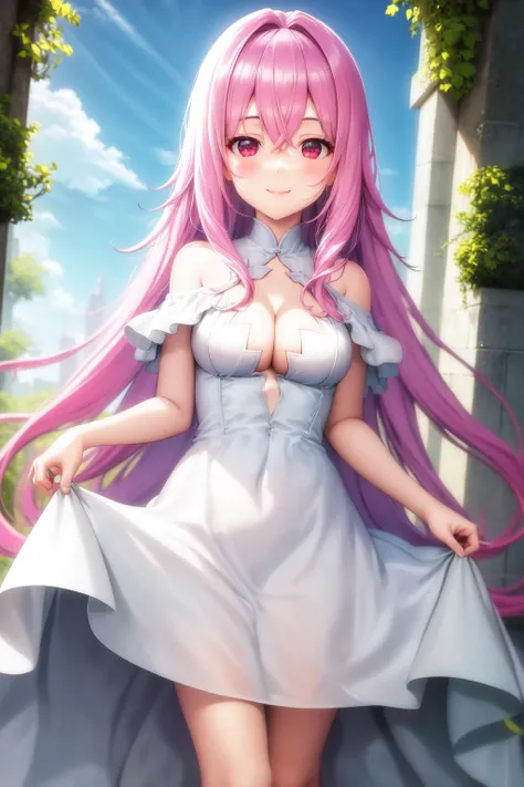 masterpiece, best quality, highres, 1girl aishia, white dress sleeveless dress cleavage front slit frilled dress layered dress <lora:aishia:1> skirt lift, smile