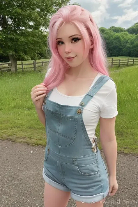 wearing overalls, white shirt, beautiful eyes, looking at viewer, closeup portrait face, best quality, upper body, BelleDelphine, woman standing outside,  on (a farm), nikon d850 film stock photograph 4 kodak 400 camera f1.6 lens rich colors hyper realistic lifelike texture natural lighting trending on artstation cinestill 800, (100mm lens),  <lora:BelleDelphineV1:1>, pink hair, mature face,