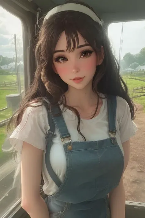 wearing overalls, white shirt, beautiful eyes, looking at viewer, closeup portrait face, best quality, upper body, BelleDelphine, woman standing outside,  on (a farm), nikon d850 film stock photograph 4 kodak 400 camera f1.6 lens rich colors hyper realistic lifelike texture natural lighting trending on artstation cinestill 800, (100mm lens),  <lora:BelleDelphineV1:1>, brown hair, mature face,