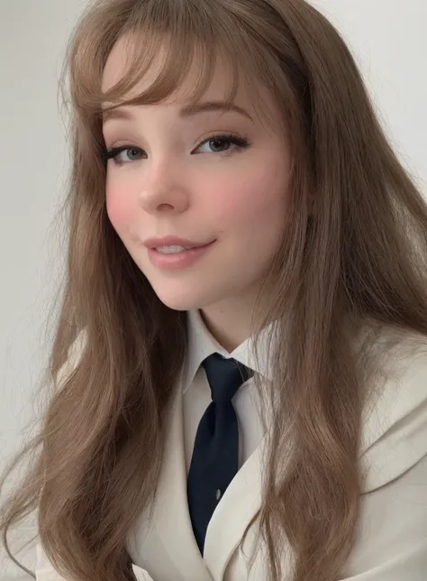 belledelphine, medium portrait, professional photo, front lit natural lighting, upper body, facing viewer, mouth open, beautiful woman (wearing business suit), <lora:BelleDelphineNewV4:0.8>, facing viewer, in a office building on the 20th floor, beautiful hair