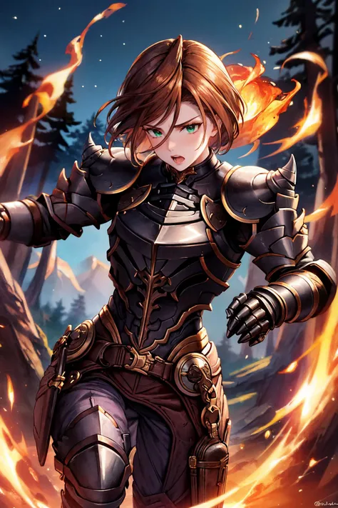 masterpiece, best quality, <lora:gbfbk-nvwls-v1-000009:0.9> gbfBK, short hair, green eyes, armor, shoulder armor, gauntlets, black pants, armored boots, night sky, forest, fire, furrowed brow, yelling, detailed face