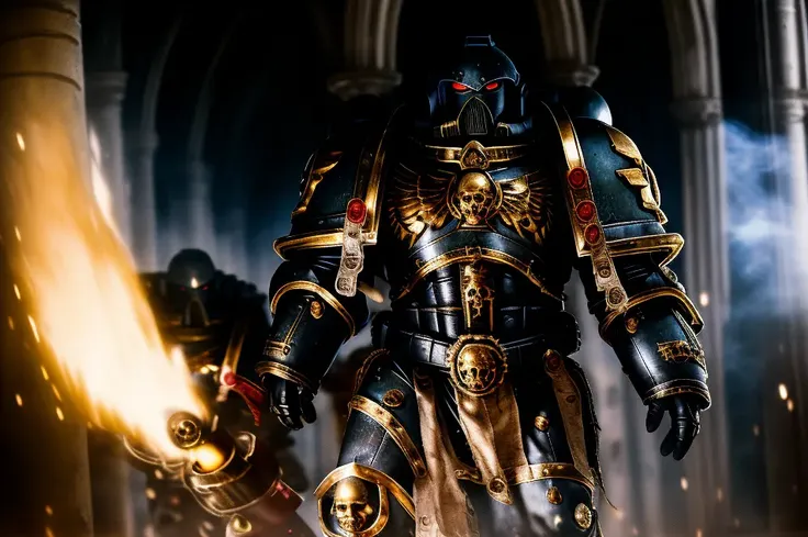 None <lora:spacemarine:1> masterpiece professional photo of spacemarine style warhammer, black metal armour, reflections, polished black armor, scull, <lora:whsororitas_v3:0.45> epic battle, gothic cafedral architecture ruins, running space marine, detailed metal ornament texts, helmet, angry man face, red cloak, bright light, smoke and fire