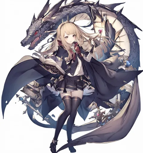 1girl,
cagliostro \(granblue fantasy\),
hito komoru,
sidelocks, weapon, black thighhighs, zettai ryouiki, boots, tiara, book, spiked hairband, blonde hair, full body, capelet, skirt, ribbon, parted lips, holding, thighhighs, hair ornament, blush, cloak, white background, thigh boots, bow, jewelry, open book, spikes, bracer, holding weapon, solo, knees together feet apart, long hair, dragon, simple background, gem, blunt bangs, hair ribbon
<lora:a31_style_hito_komoru-000044:1>