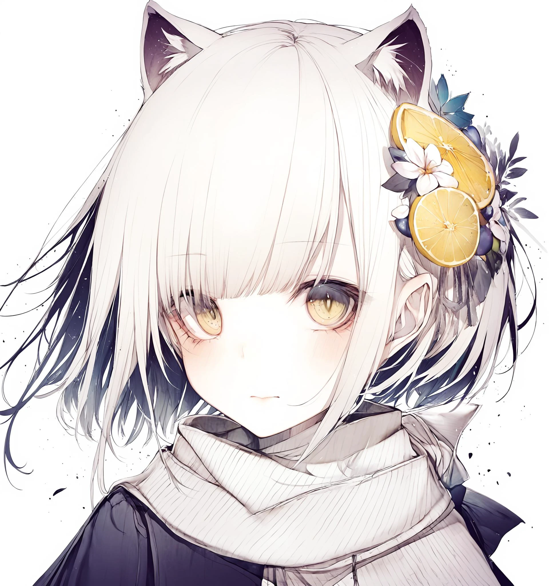 1girl, hito komoru,
animal ears, blush, hair ornament, short hair, white background, flower,hair flower, fruit, blunt bangs, scarf, yellow eyes, white hair, portrait, pale skin, lemon slice,
<lora:a31_style_hito_komoru-000044:1> ,