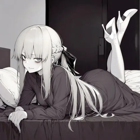 masterpiece, best quality, 1girl, absurdres, very authentic, solo, from side, morgan le fay \(queen of winter\) \(fate\), fate/grand order, ponytail, dress, high heels, very long hair, braid, hair spread out, lying, on stomach, on bed, blankets, bed room background, after night, mature female, turning head, looking at viewer, unkempt hair, smirk, bags under eyes, makeup,