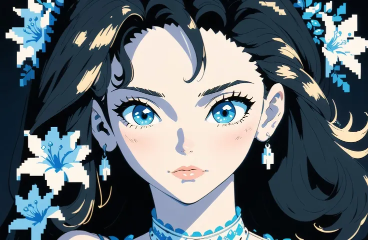 1girl, solo,earrings, jewelry, blue_eyes, long_hair, parted_lips, hair_ornament, looking_at_viewer, portrait, choker, hair_flower, flower, hand_up, black_hair,pixel_art style background
BREAK
<lora:pixel_art style backgound:0.8>