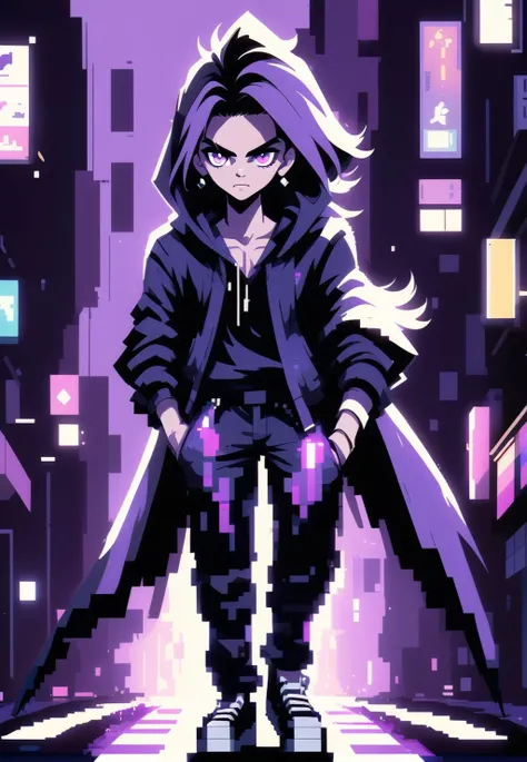 this is a photo of a fashion boy, it is a straight angle with his full body, he has a wonderful purple_eyes and long straight hear, standing in the middle of street in the dark, pixel_art style background
BREAK
<lora:pixel_art style backgound:0.8>