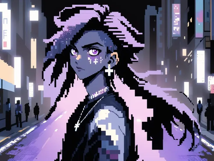 this is a photo of a fashion boy, it is a straight angle with his full body, he has a wonderful purple_eyes and long straight hear, wearing a cross earrings, standing in the middle of street in the dark, pixel_art style background
BREAK
<lora:pixel_art style backgound:0.8>