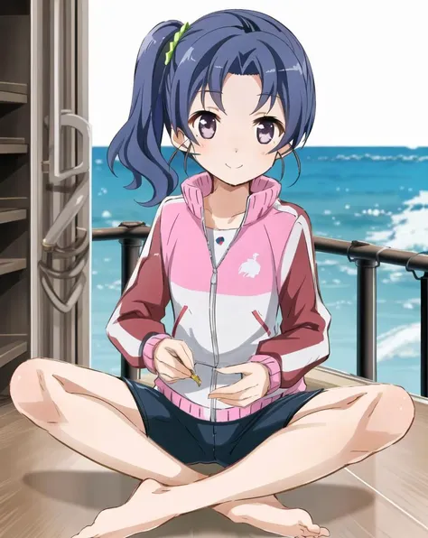 wazumi_hime, solo, 1girl, track jacket, sitting, indian style, ship deck, looking at viewer, bike shorts, light smile, barefoot, wood, booru, toes, feet, 
<lora:GoodHands-vanilla:1>, <lora:kohakuV5_rev2:0.8>, <lora:haifuri-loha-bundle-60000:0:0.95>, <lora:linneamix_v74:0.3>