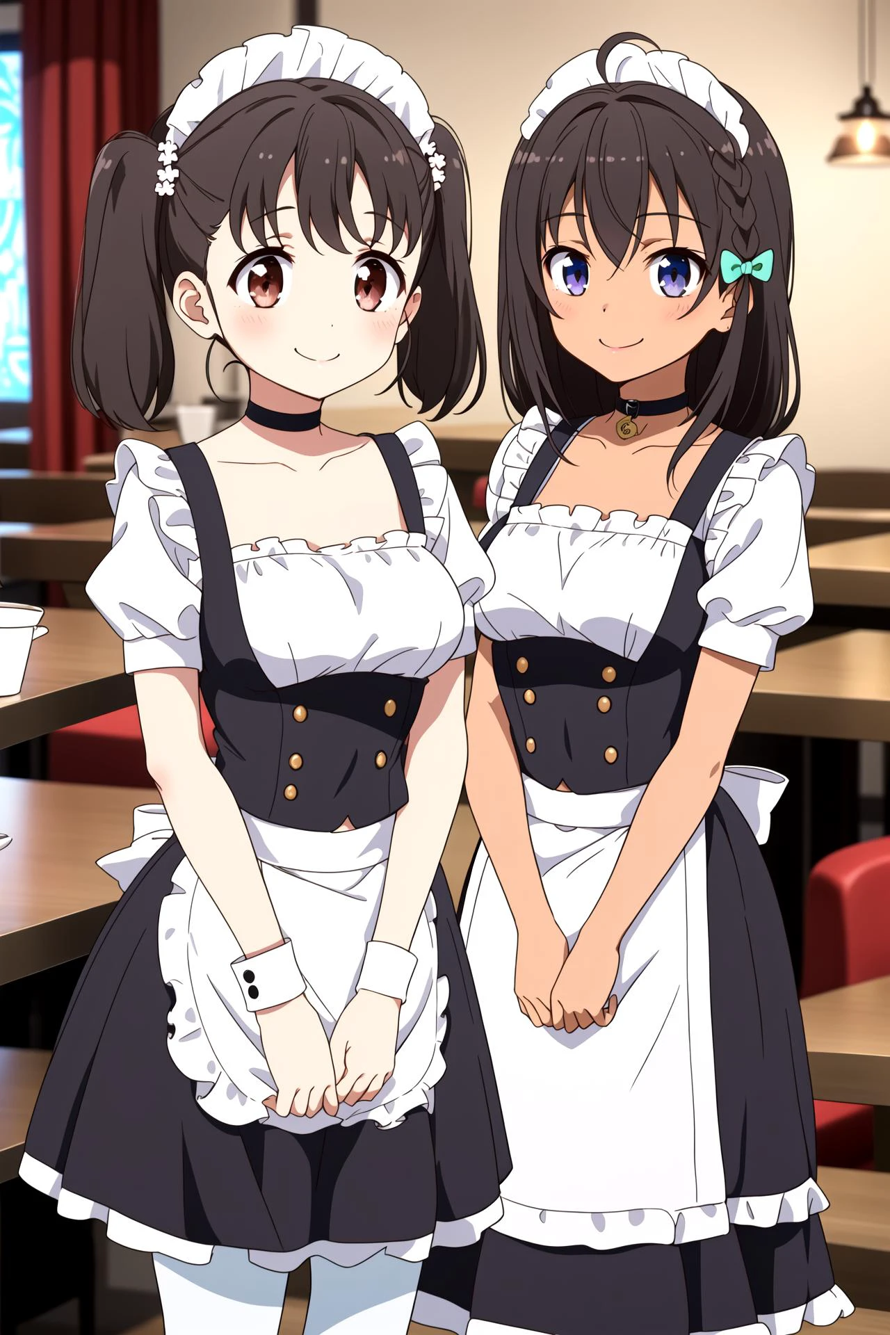 best quality, masterpiece, detailed eyes,(2little girls,smile,longskirt:1.2),cowboy shot,black maid,restaurant,indoors,collarbone,maid white apron, white pantyhose,large breasts,short sleeves,chest on ribbon,choker,
BREAK,
shiretoko_rin,cute,<lora:haifuri-loha-bundle-60000:0.7>,
BREAK,
uchida_mayumi, hair bow,