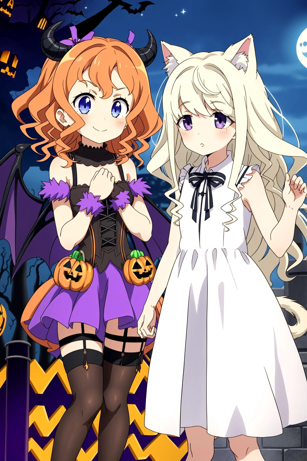 best quality, masterpiece, detailed eyes,(2little girls,:1.2),standing,
BREAK,
yanagiwara_maron,(halloween costume,gothic fashion:1.3), hair ribbon,smile,demon horns, bat wings,hands on own chest,black legwear,leg apart,closed mouth, <lora:haifuri-loha-bundle-60000:0.7>,
BREAK,
sugimoto_sango,cat ears,animal_hands,cat tail,(white dress:1.2),