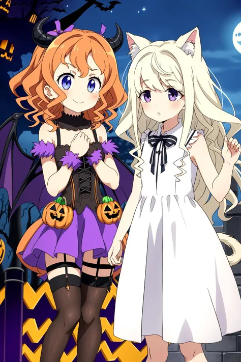 best quality, masterpiece, detailed eyes,(2little girls,:1.2),standing,
BREAK,
yanagiwara_maron,(halloween costume,gothic fashion:1.3), hair ribbon,smile,demon horns, bat wings,hands on own chest,black legwear,leg apart,closed mouth,   <lora:haifuri-loha-bundle-60000:0.7>, 
BREAK,
sugimoto_sango,cat ears,animal_hands,cat tail,(white dress:1.2),