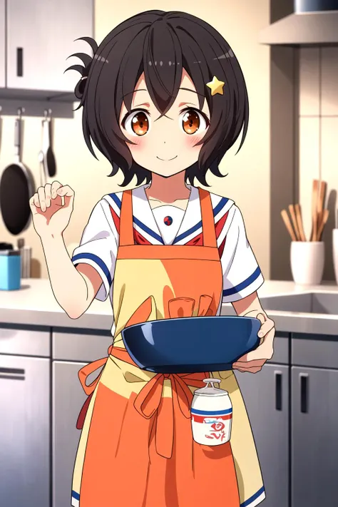 best quality, masterpiece, detailed eyes,_haifuri__,<lora:haifuri-loha-bundle-60000:0.7>, (cute:1.2),
irako_mikan, star hair ornament,cowboy shot,serafuku, apron, blush,smile,kitchen,good_hands,