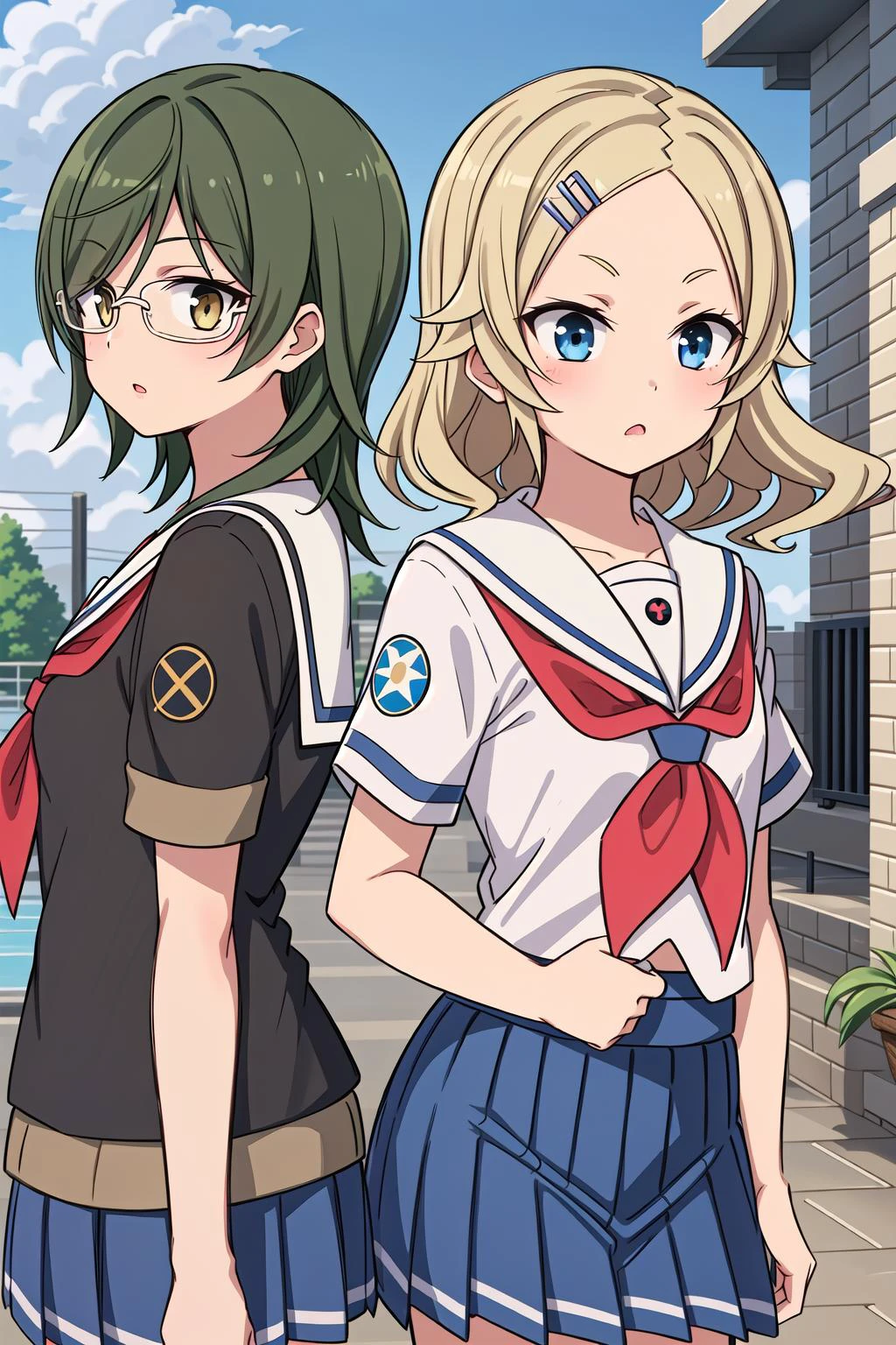 best quality, masterpiece, detailed eyes,2girls,, cute,cowboy shot,
BREAK,
noma_machiko, serafuku, glasses, short sleeves,_haifuri__,<lora:haifuri-loha-bundle-60000:0.7>,
BREAK,
toumatsu_mimi, hairclip, serafuku, short sleeves, blue skirt, pleated skirt, red neckerchief,