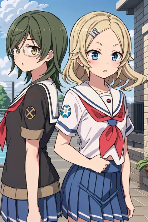 best quality, masterpiece, detailed eyes,2girls,, cute,cowboy shot,
BREAK,
noma_machiko, serafuku, glasses, short sleeves,_haifuri__,<lora:haifuri-loha-bundle-60000:0.7>,
BREAK,
toumatsu_mimi, hairclip, serafuku, short sleeves, blue skirt, pleated skirt, red neckerchief,