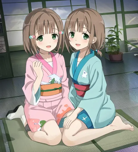 2girls, kinesaki_akane, kinesaki_homare, yuri, beautiful eyes, yukata, open mouth, looking at viewer, blush, :d, bangs, hairclip, sisters, twintails, japanese room, slippers, buttons, tatami, japanese garden, sliding doors, 
<lora:GoodHands-vanilla:1>, <lora:kohakuV5_rev2:0.6>, <lora:haifuri-loha-bundle-60000:1:1>, <lora:linneamix_v74:0.3>