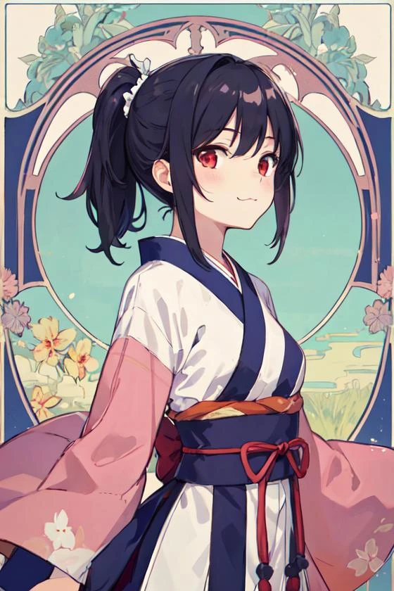 masterpiece,best quality,upper body,1girl,obi,inverted colors,art nouveau,outside border,high ponytail,small breasts,red eyes,:3,cowboy shot
Negative prompt: (EasyNegative), (bad-hands-5), an6, verybadimagenegative_v1.3, (worst quality, low quality:1.2), (missing fingers, missing hands, missing legs:1.4) (extra limbs, extra fingers, extra hands, extra legs:1.4), (mutate fingers, mutated hands, mutated legs:1.4), (malformed hands, malformed fingers, malformed legs:1.4), (poorly drawn hands, poorly drawn face), (text, signature, watermark, username),nsfw,
Steps: 20, Sampler: DPM++ 2M Karras, CFG scale: 5, Seed: 3841800078, Size: 512x768,