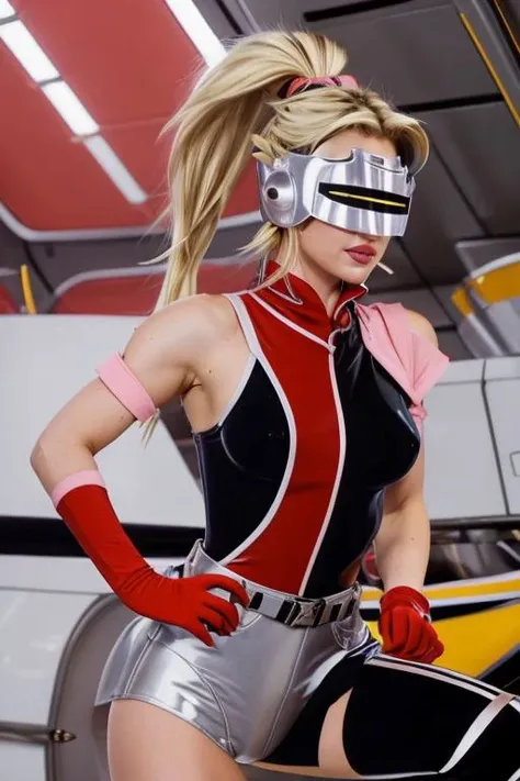 KarismaClaus <lora:mandora_v1:0.8> mandora, 1girl, ponytail, blonde hair, helmet, visor, pink shoulder wrap, red turtleneck, asymmetrical clothes, multicolored bodysuit, grey belt, pink vambraces, red gloves, mandora, 1girl, ponytail, blonde hair, helmet, visor, single bare shoulder, asymmetrical clothes, black bodysuit, pink vambraces, red gloves